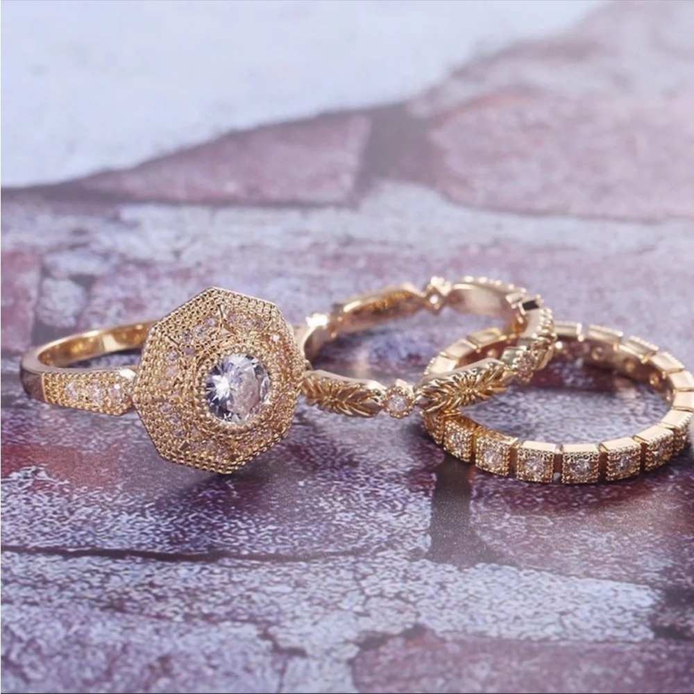 New 3pc/set Yellow Gold Plated Diamond Ring - Picture 5 of 5